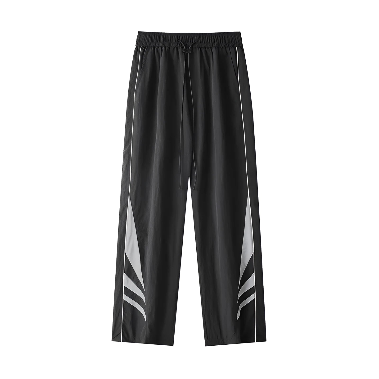 Men's straight-leg trousers in black or grey, featuring an elastic waist and loose fit.