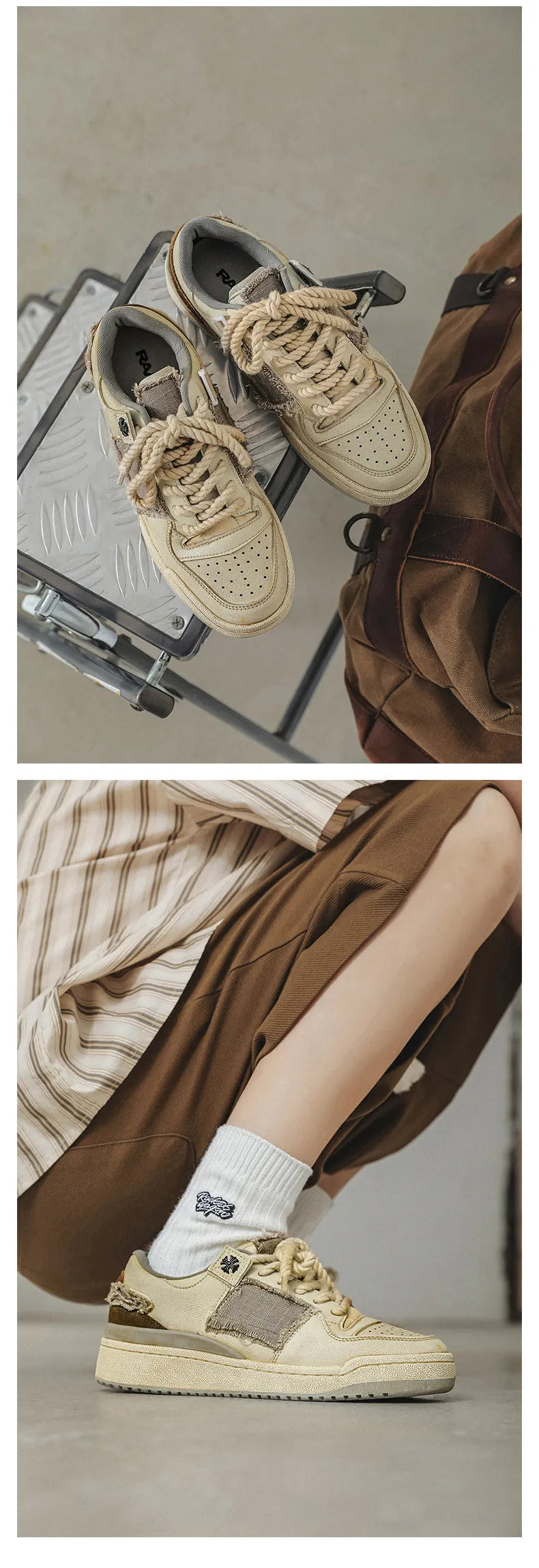 Beige vintage style skateboard sneakers with round toe and rubber sole