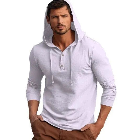 Men's casual cotton sports hoodie in dark blue colour, showing pullover style and long sleeves.