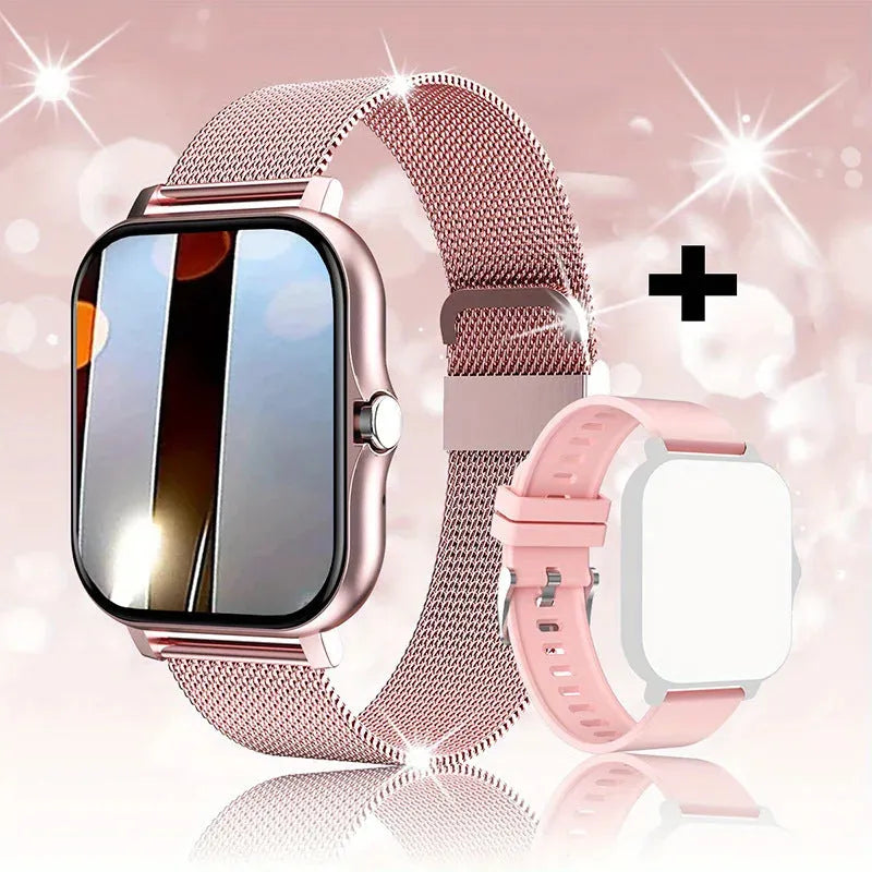 Black smartwatch with 1.44-inch screen and silicone strap on a wrist, showing a fitness tracking interface.