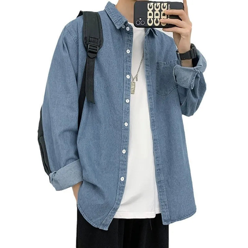Men's pure cotton loose fit denim long sleeve shirt cardigan in dark blue, front view