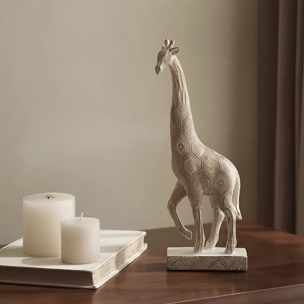 Wood colour giraffe resin sculpture 30.5cm tall on shelf display