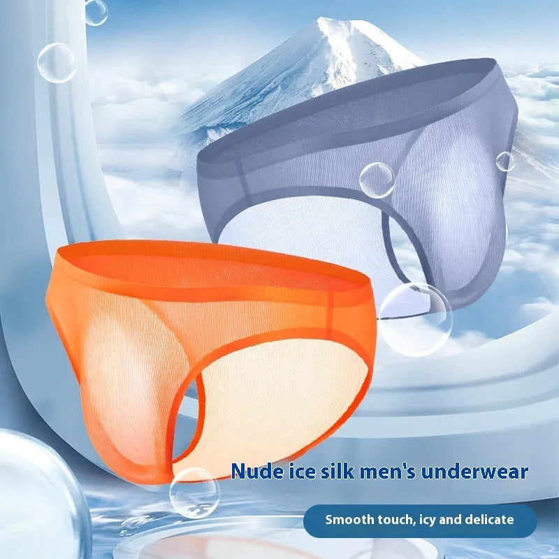 Men's low-waist seamless briefs in translucent ice silk fabric, shown in a striped colour option.
