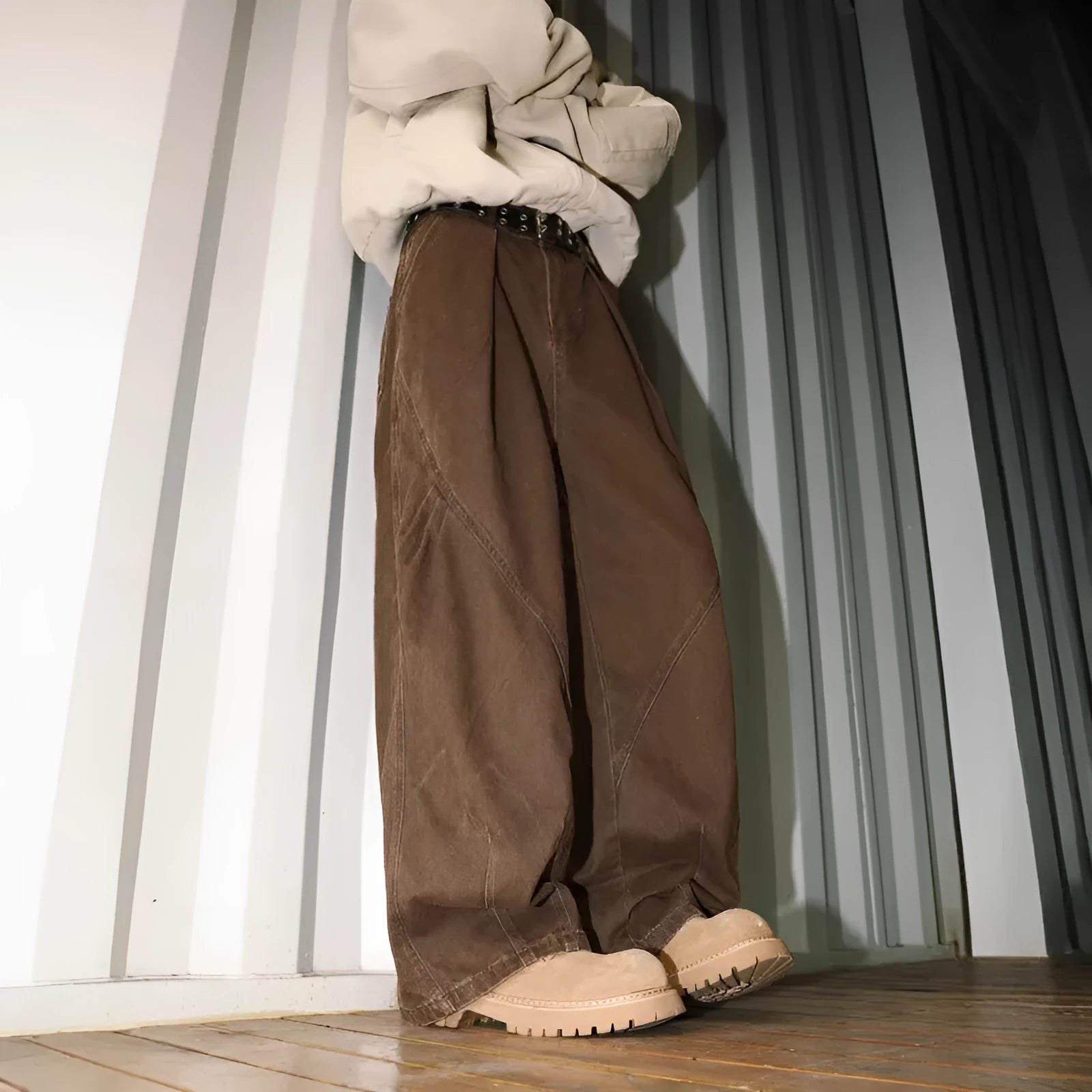 Men's straight-leg pleated trousers in black, brown, and apricot colours with mid-waist design