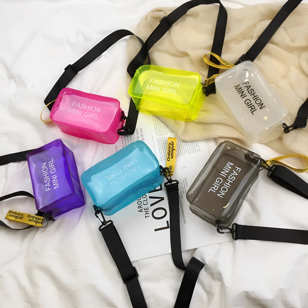 Transparent square jelly shoulder bag with diagonal cross design and adjustable strap