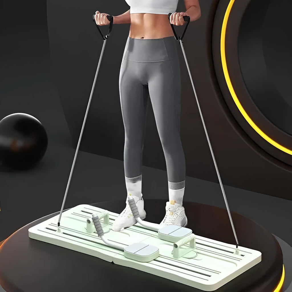 Foldable purple PP plastic fitness belly panel on a floor, shown in open and folded positions.