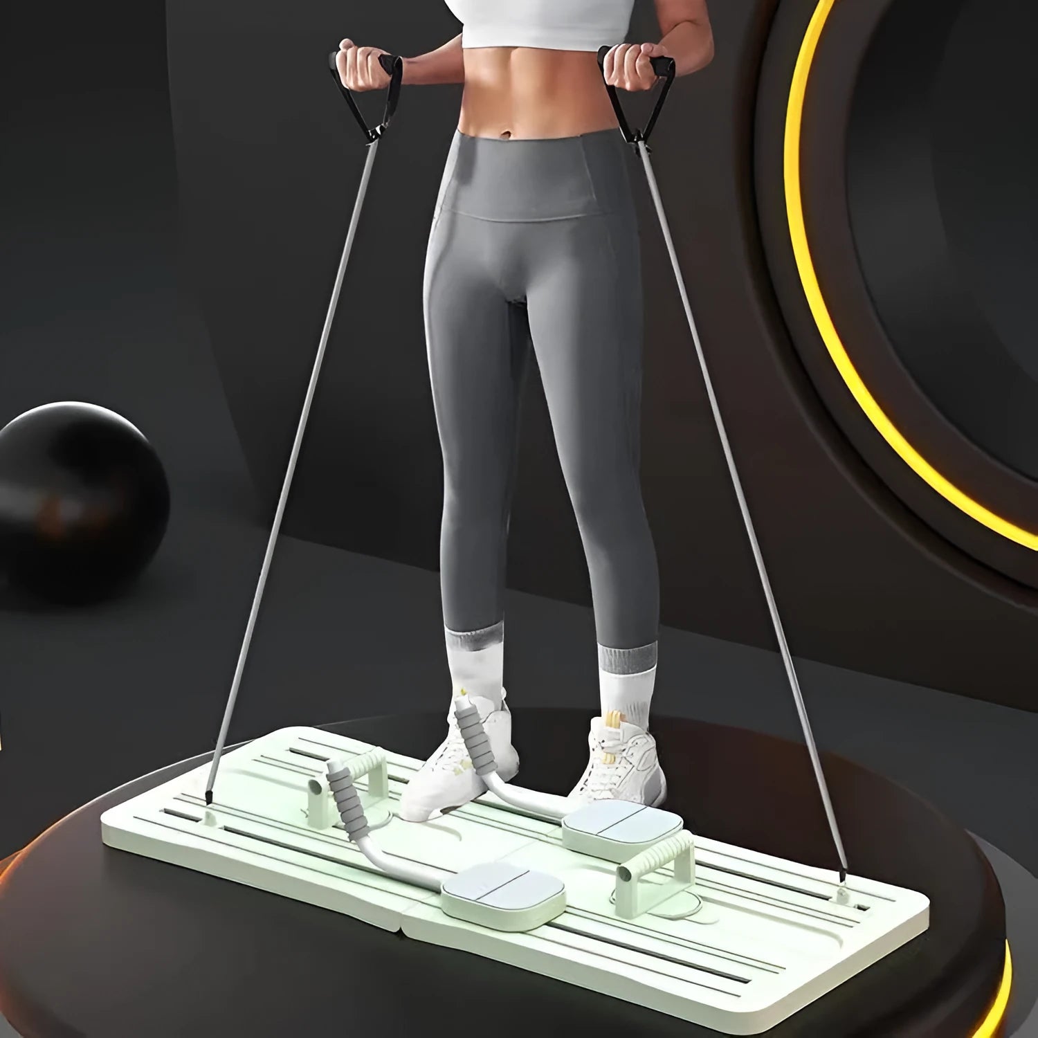 Foldable purple PP plastic fitness belly panel on a floor, shown in open and folded positions.
