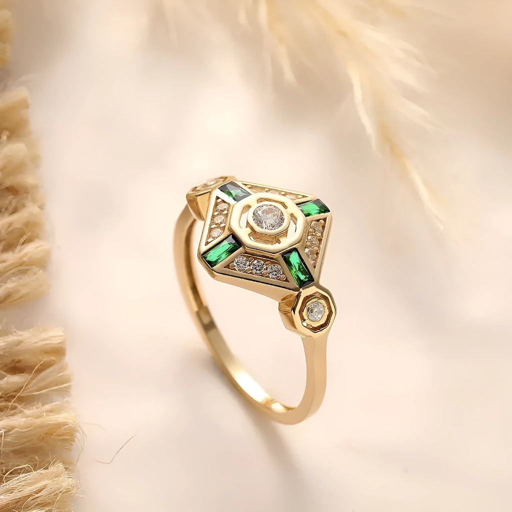 Square geometric women's fashion ring with electroplated lvzuan finish shown in ins style