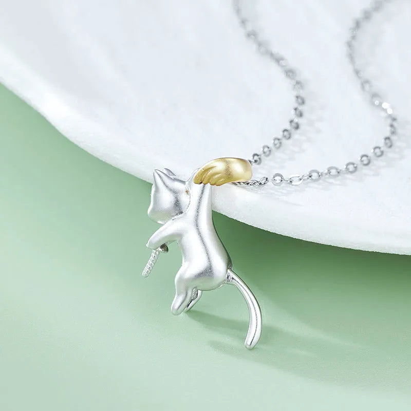925 sterling silver clavicle chain necklace with cat charm pendant in four colour variations