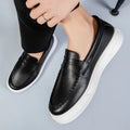 Men's British style casual leather shoes with round toe design in white, black and white, and khaki colour options