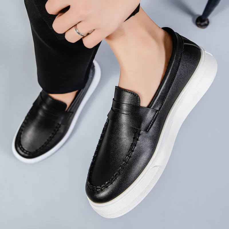 Men's British style casual leather shoes with round toe design in white, black and white, and khaki colour options