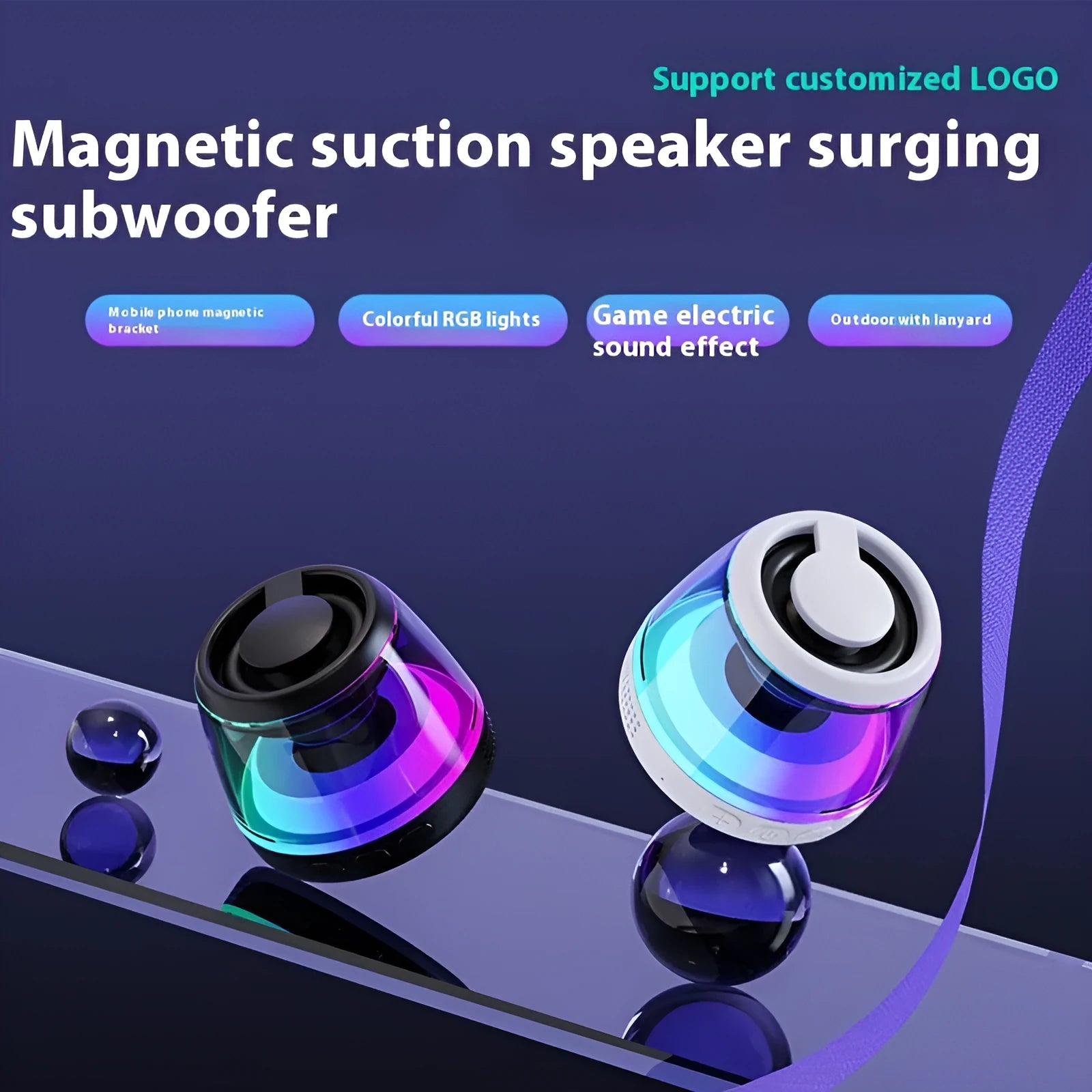 Small portable black Bluetooth speaker with coloured ambient light, shown with a magnetic base.
