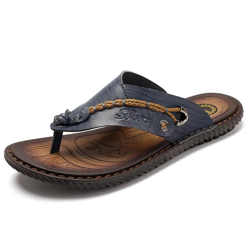 Men's casual slippers with PU leather upper in four colour options showing non-slip sole design