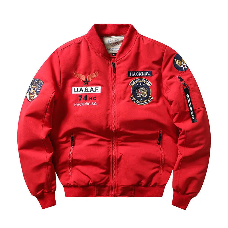 Slim-fit men's black retro motorcycle coat with stand collar and embroidery