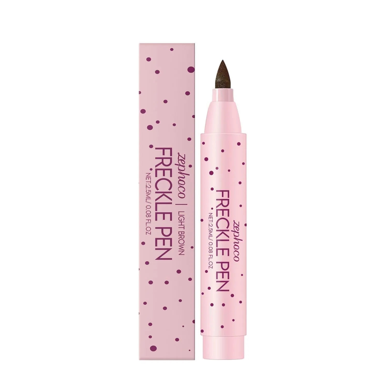 A dark and light brown freckle pen with a fine-tip applicator for makeup.