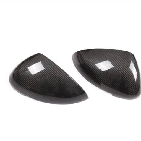 Black true carbon fibre mirror covers for Porsche Macan 2014-2022 models showing dimensional measurements