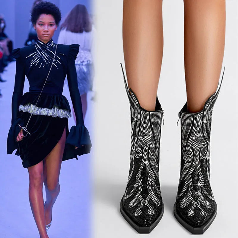 Women's black Martin boot with square toe, chunky high heel, and rhinestone flame decoration on the side.