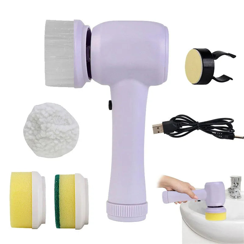 Cordless electric cleaning brush with rotating scrubber head and multiple brush attachments
