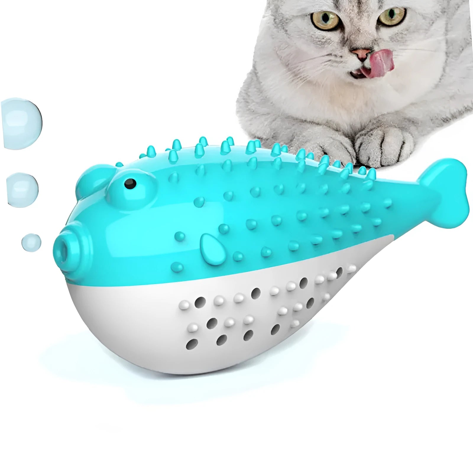 Mint Toys blue silicone fish-shaped cat chew toy with catnip on a white background