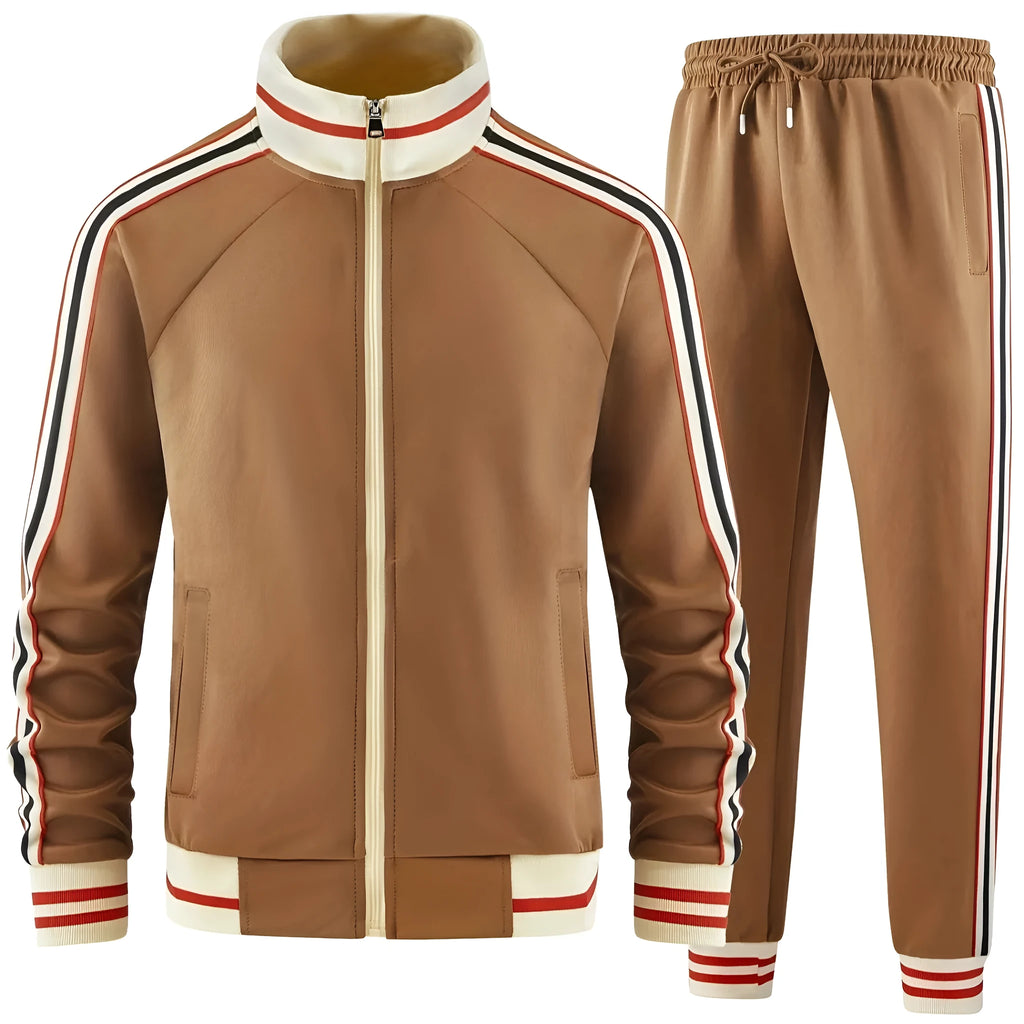 Man wearing a khaki turtleneck zipper cardigan and matching trousers from a street-style leisure suit.