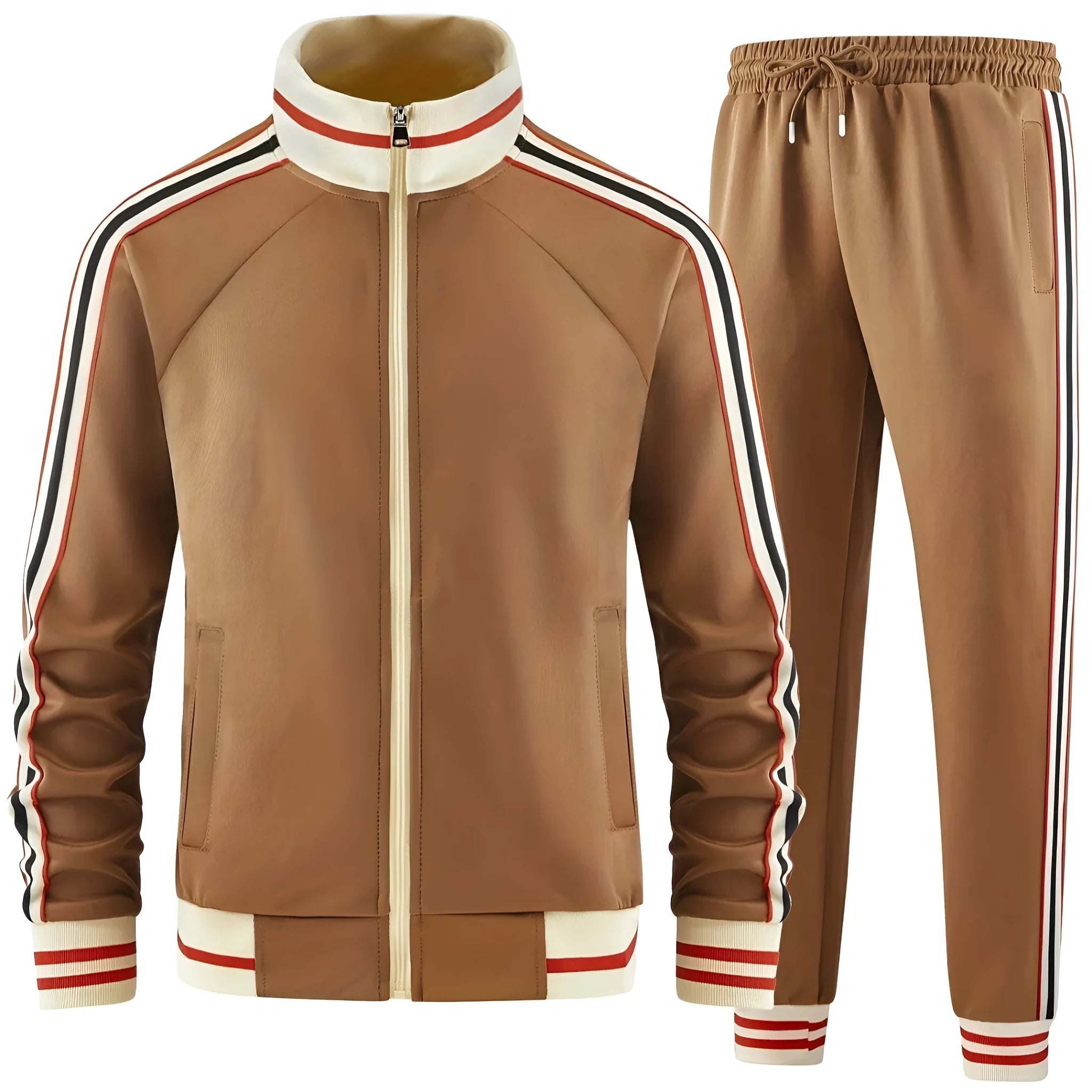 Man wearing a khaki turtleneck zipper cardigan and matching trousers from a street-style leisure suit.