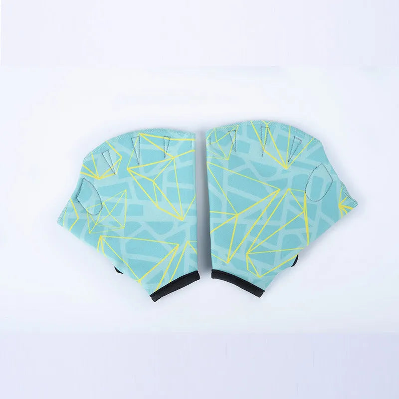 Pair of green print nylon swimming gloves with duck feet webbed design for hand propulsion.