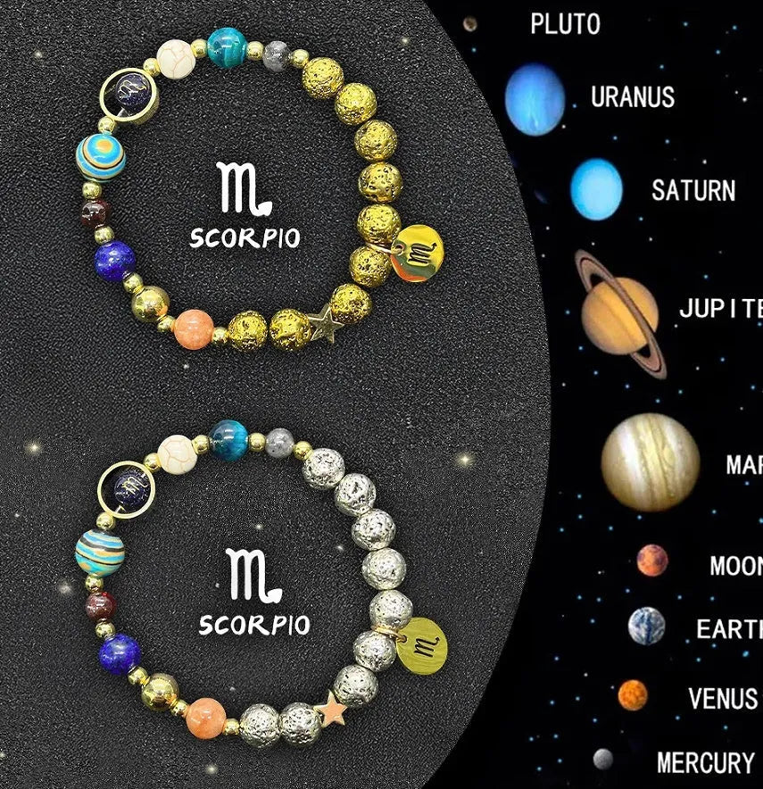 Two natural stone beaded bracelets with zodiac charms on an adjustable cord.