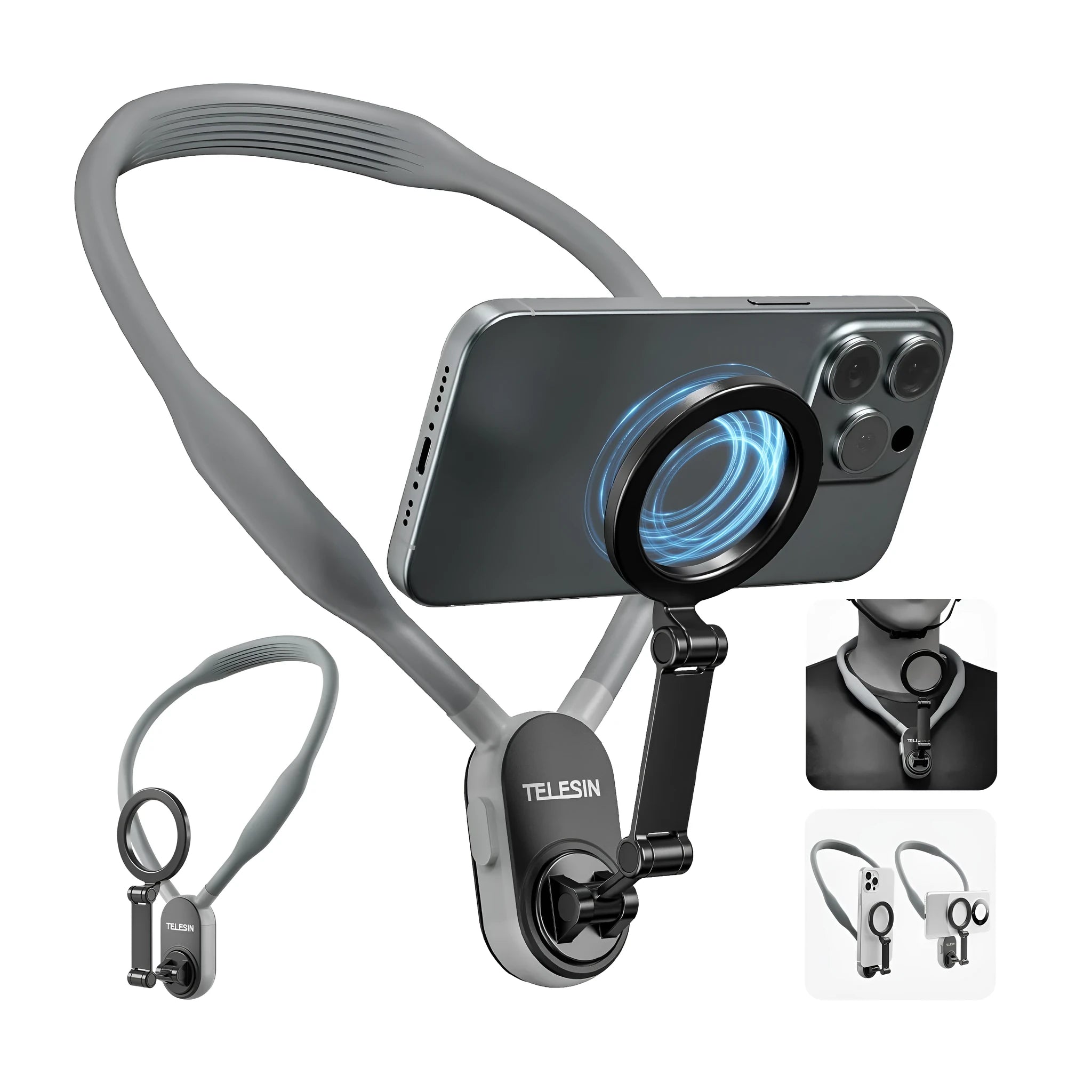 Gray silicone magnetic phone neck mount showing mobile phone attached with safety rope and aluminium strip construction