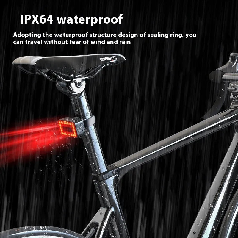 Smart radar detection bicycle taillight with double bracket mount, showing Type-C charging port.