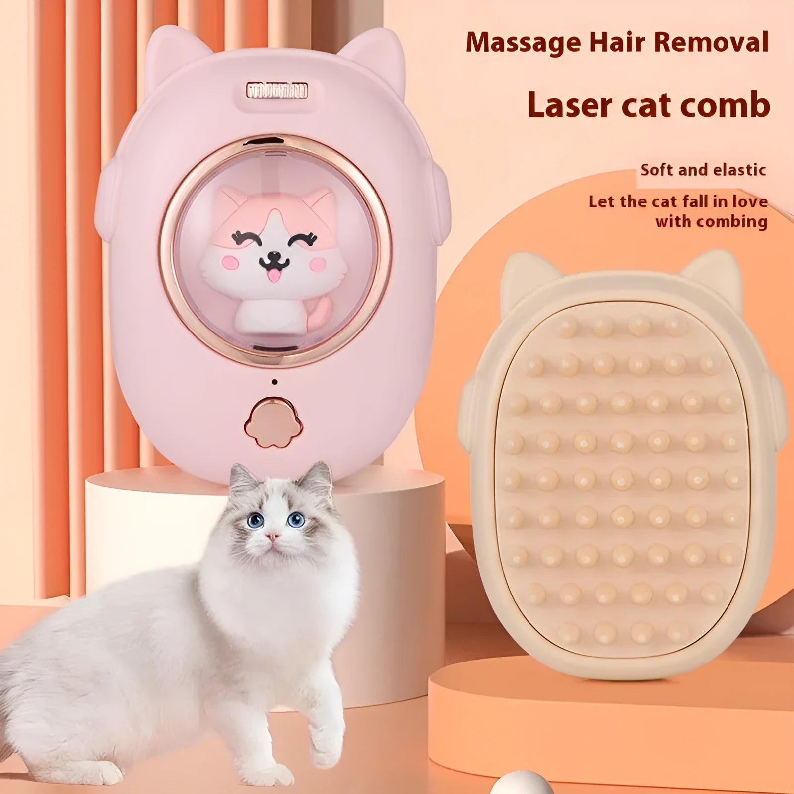 Pink and yellow multifunctional pet comb with integrated laser pointer for cats and dogs