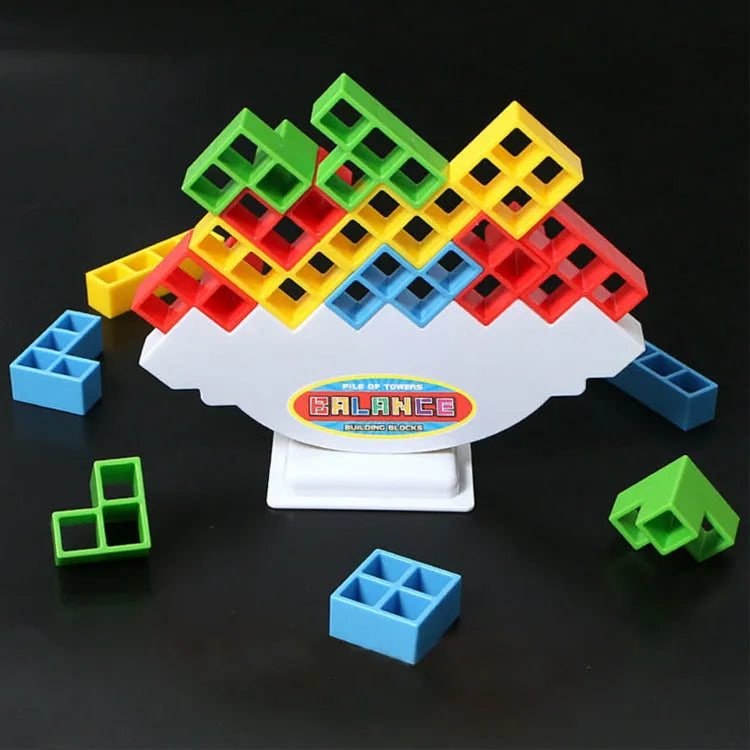 Plastic balance stacking board game with coloured blocks, chassis, and base for kids and adults.
