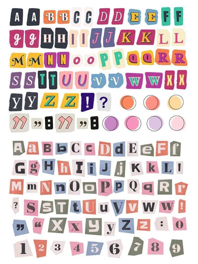 Sheets of cute printed stickers showing English letters A to Z, numbers, symbols, and weekly words like Monday and Friday.