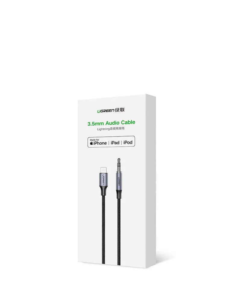 Black Apple Lightning to 3.5mm audio cable with shiny braided finish and aluminum connectors for car use.