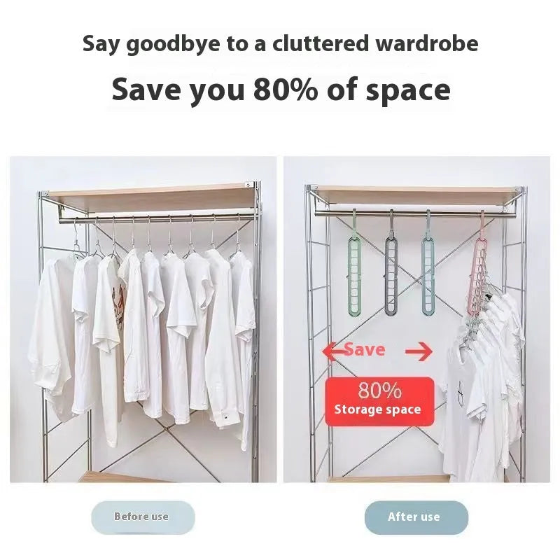 Green plastic multifunctional hanger with nine holes for trousers in a seamless folding pant rack design.