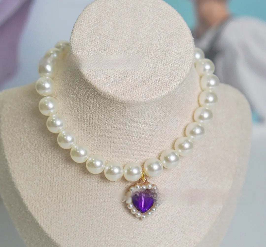 Decorative pearl and love gem cat collar necklace in a choice of colours on size guide.