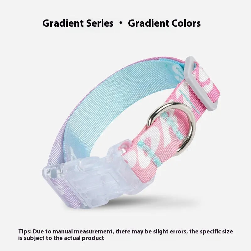 Adjustable nylon dog collar with cartoon printing shown in gradient colour and panda green on a white background.
