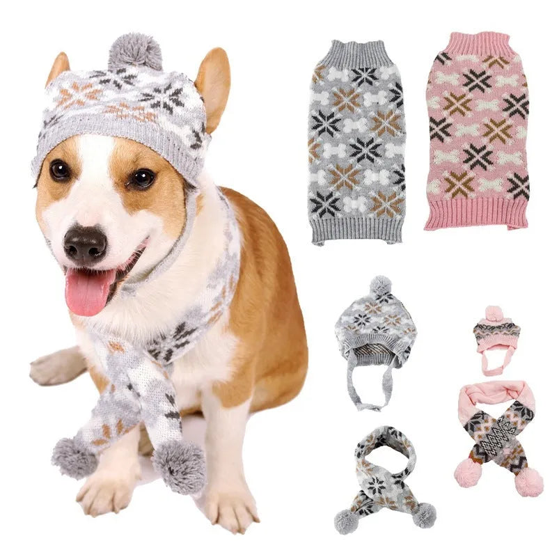 Grey Japanese retro jacquard pet sweater, hat, and scarf set for a small dog