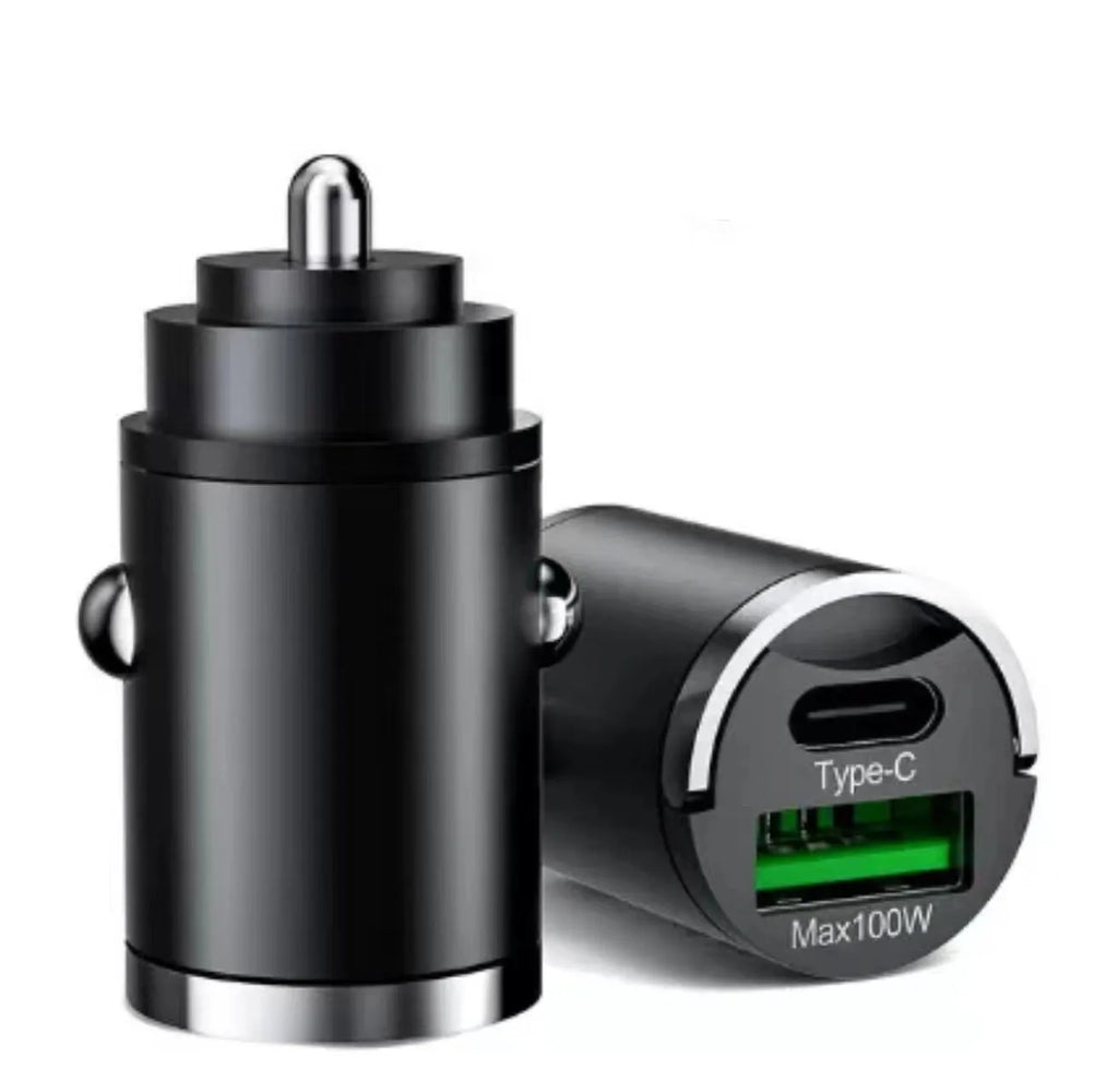 Black metal car charger with invisible pull-tab and USB port for 100W fast charging