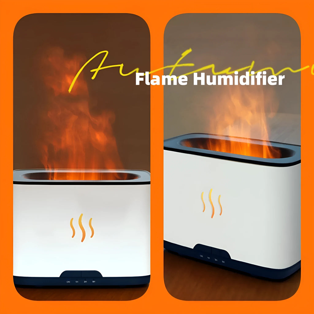 New Flame 300ml ultrasonic aromatherapy humidifier in white on a desktop with USB cable