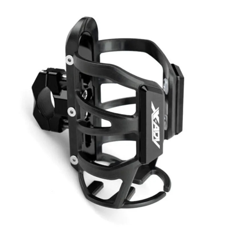 A black water bottle cage designed for mounting on a Honda X-ADV scooter bumper.