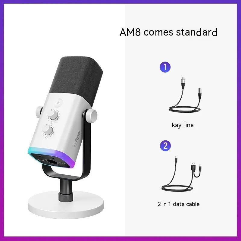Dynamic noise reduction condenser microphone in black, pink, or white with XLR cable and adjustable desktop bracket.