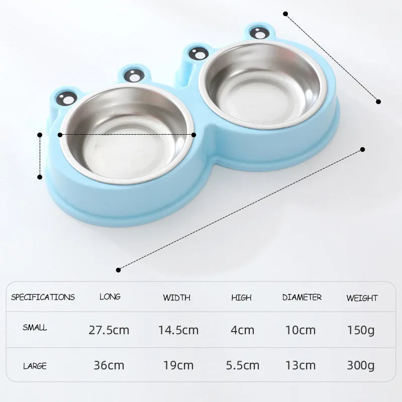 Stainless steel pet double bowl with frog design for cat and dog food and water.