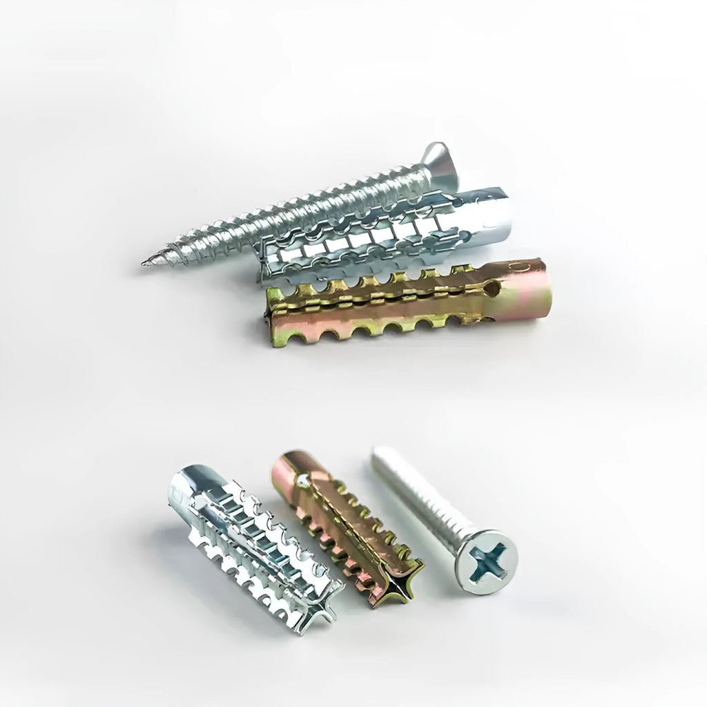 Metal expansion anchor with barbed serrated tube and screw for concrete and brick walls.