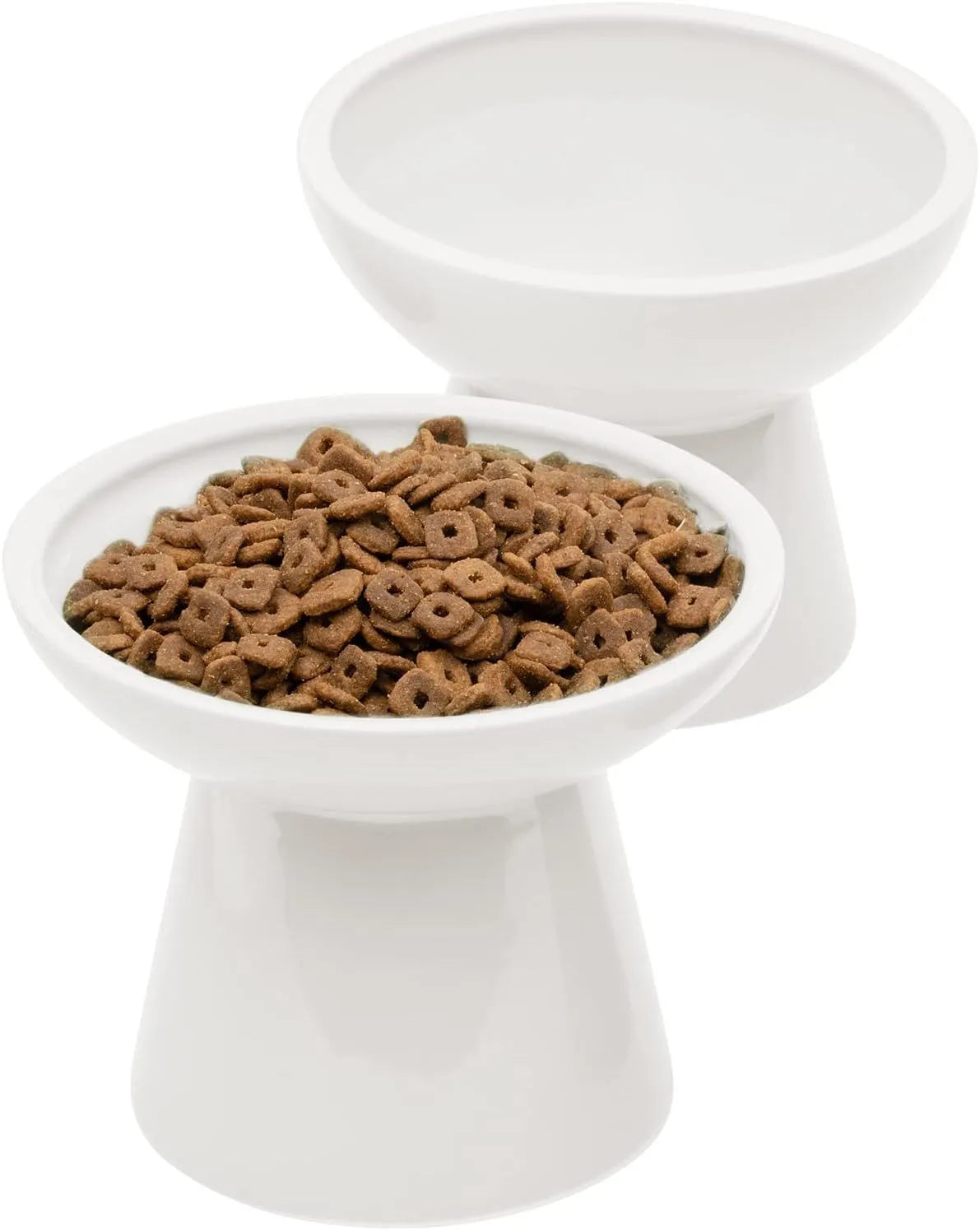 Blue elevated ceramic cat food bowl on a white surface