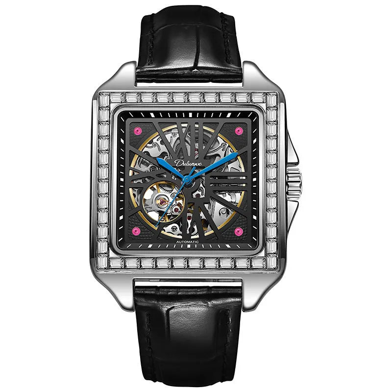 Square automatic watch for men with diamonds on dial, on black steel bracelet