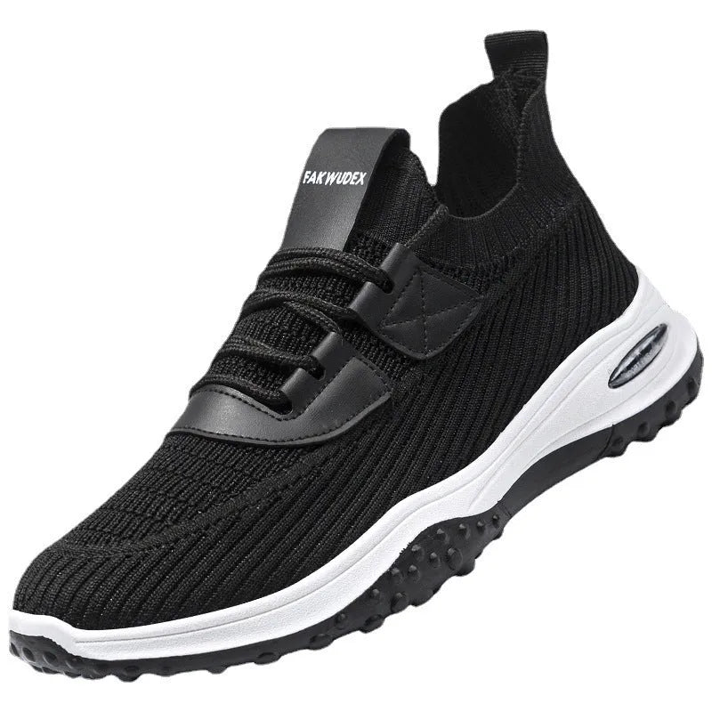 Flyknit breathable low-top running shoes in black and brown colour options with flat heel and mesh lining