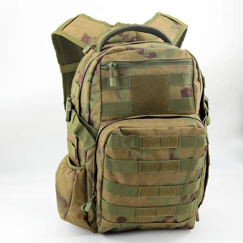 Black military-style tactical assault backpack made from Oxford fabric, shown with adjustable straps.