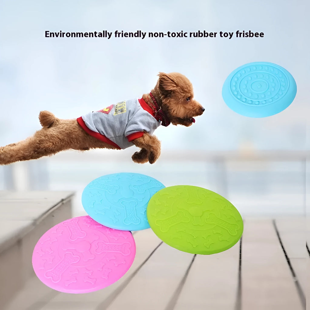 Rubber dog flying disc toy in multiple colours showing small and large size variants for canine fetch games