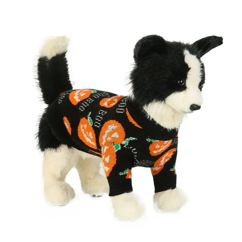 Black Halloween dog sweater with orange pumpkin pattern, showing Velcro strap closure at back
