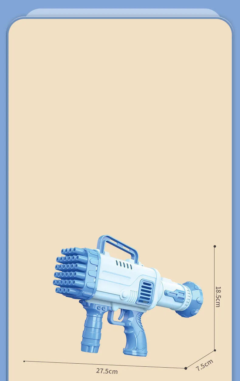 Cherry pink and sky blue electric bazooka bubble gun toy with 32 holes on a colour box.